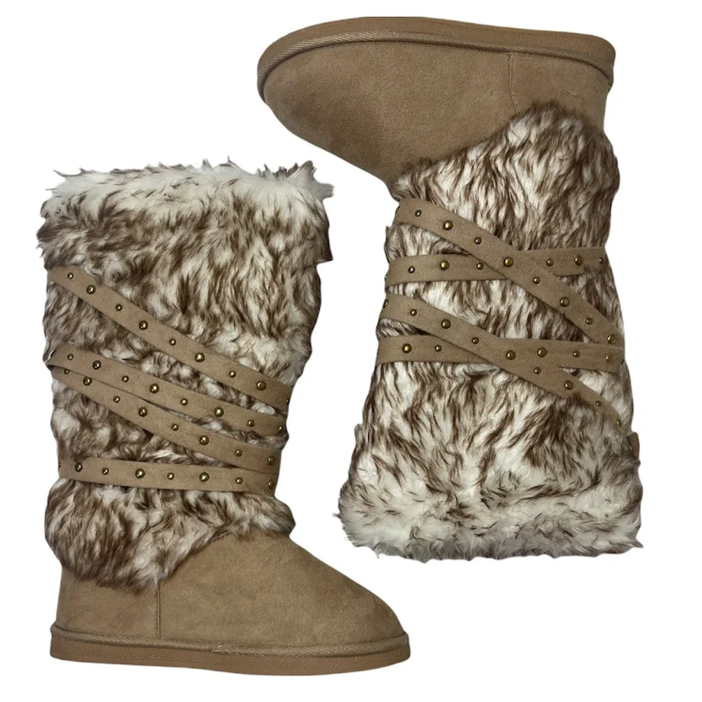 Fur Boots Knee High Strappy Fleece Lined Chunky Eskimo Winter Snow Boots Size 8